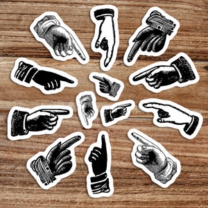 Wijzende vingers stickerset | 13 Old Fashioned This Way Hand Vinyl Stickers Look Decal, Directional Attention, Small Gift