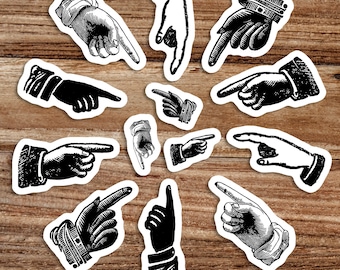 Pointing Fingers Sticker Set | 13 Old Fashioned This Way Hand Vinyl Stickers Look Decal, Directional Attention, Small Gift