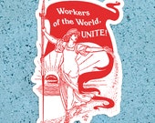Workers of the World, Unite! Kiss-Cut Large Sticker | Retro Socialism, Walter Crane Style, Retro Socialist Anti-Capitalist, Small Gift
