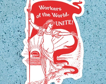 Workers of the World, Unite! Kiss-Cut Large Sticker | Retro Socialism, Walter Crane Style, Retro Socialist Anti-Capitalist, Small Gift