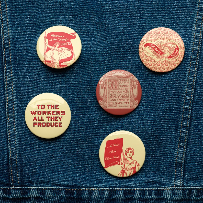 Set of Five Retro Leftist Pinbacks | Socialist, Communist, Badges, Pins, Buttons