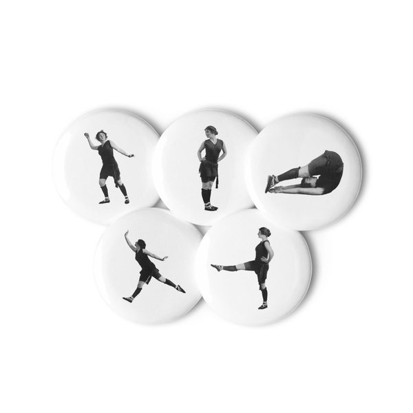 Set of Five Retro Limber Ladies Pins, Workout Women Buttons | Exercise, Gym, Health, Fitness Stretch, Badges