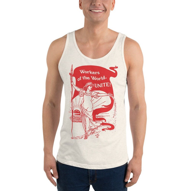 Leftist Tank: Workers of the World, Unite Unisex Retro Socialism Shirt, Walter Crane Style, Retro Socialist Anti-Capitalist Pro-Labor Oatmeal Triblend