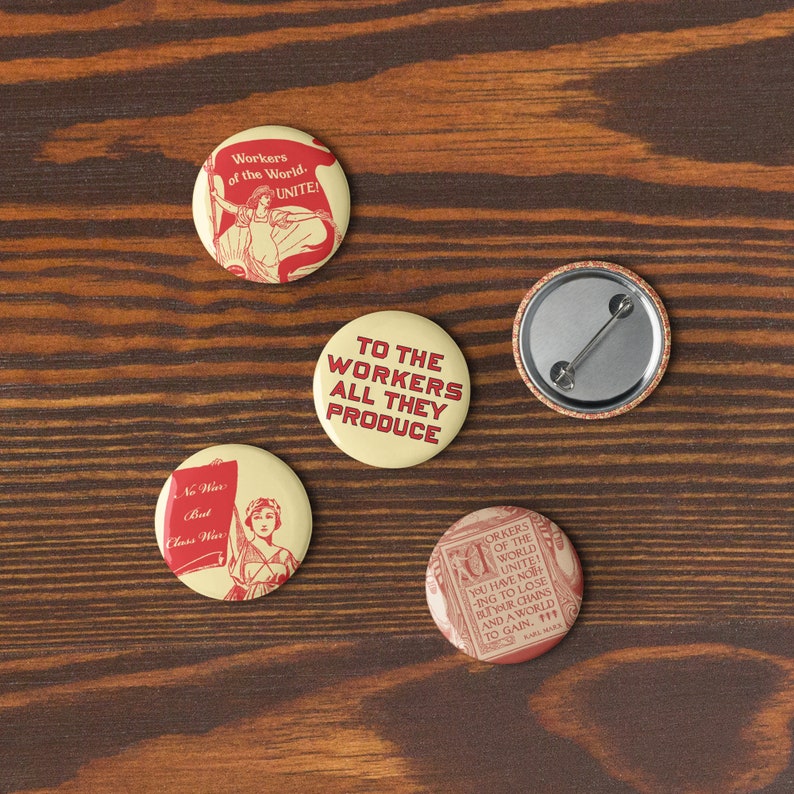 Set of Five Retro Leftist Pinbacks | Socialist, Communist, Badges, Pins, Buttons