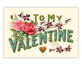 To My Valentine Roses & Violets Small Print, 4x6" Postcard: 1900s Style Old Fashioned Valentine Flat Card Romantic Love Gift