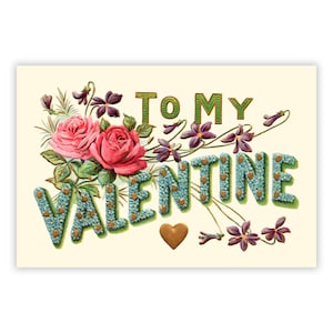 Al mio San Valentino Rose e viole Stampa piccola, cartolina 4x6": Biglietto piatto di San Valentino vecchio stile stile 1900 Regalo d'amore romantico