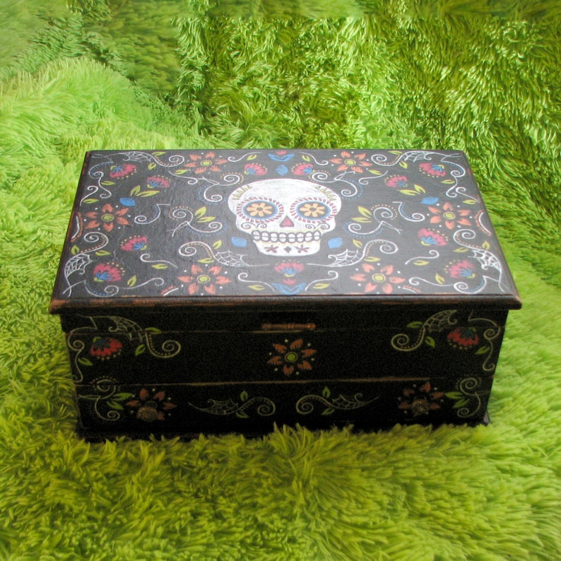 Large Colorful Sugar Skull Upcycled Vintage Jewelry Box Handpainted Decoupaged Distressed Calavera Goth Mexican Inspired Gift for Women