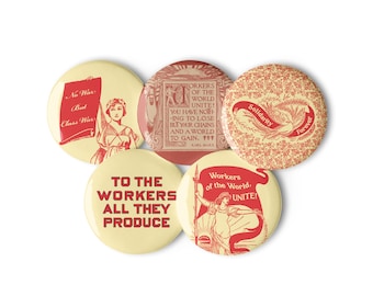 Set of Five Retro Leftist Pinbacks | Socialist, Communist, Solidarity Badges, Workers Pins, Buttons