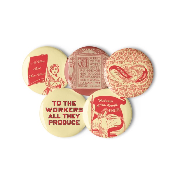 Set of Five Retro Leftist Pinbacks | Socialist, Communist, Solidarity Badges, Workers Pins, Buttons