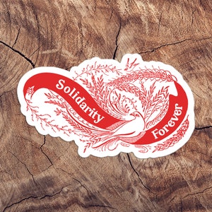 Bandera de solidaridad para siempre con pájaros y floreciente pegatina grande cortada en beso / Retro Socialista Anticapitalista Pro-Trabajo Comunista Pequeño Regalo