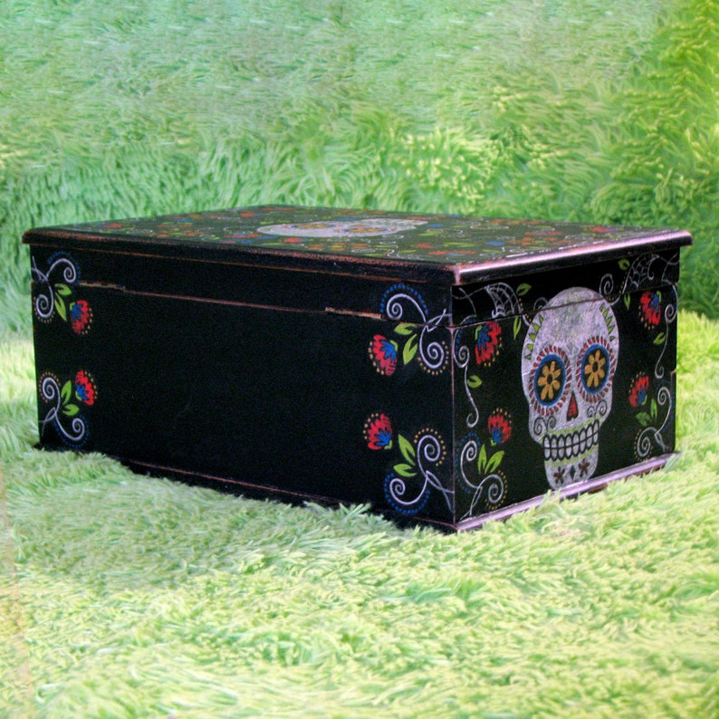 Large Colorful Sugar Skull Upcycled Vintage Jewelry Box Handpainted Decoupaged Distressed Calavera Goth Mexican Inspired Gift for Women