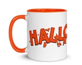 Halloween Mug, Retro Witch Bats Cats Jack-o-Lantern Owl | Scary Spooky Halloween Orange Inside Ceramic Mug Witch Flying on Broom