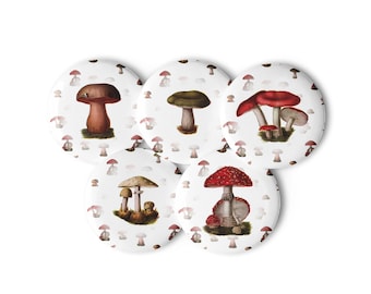 Set of Five Poisonous Fungi & Mushrooms Pins | Edwardian Botanical Buttons,  Retro Mushroom, Fungus Badges