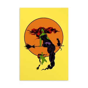Witchy Retro Elegante Postal de Bruja "Moderna" 4x6" Halloween Spooky Moon Bat Winged Cherub Black Cat Tarjeta plana Pequeño Regalo Pequeño Impresión de Arte