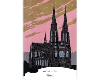 Austria Poster: Votive Church, Vienna | Vintage Reproduction Edwardian Votivkirche Wien Religious Neo-Gothic Architecture Postcard Art Print