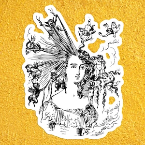 May include: A black and white illustration of a woman with a crown of thorns and cherubs flying around her head.