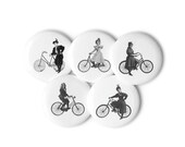 Set of Five Bicycle Ladies Pins, Victorian Women Riding Antique Bicycles Bike Cycling Feminist Feminism, Badges Buttons