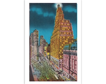 NYC Poster: Retro Times Square Halftone Vintage Reproduction | Paramount and Times Building at Night New York City 1930s Postcard Art Print