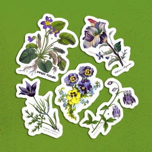 Juego de pegatinas de flores moradas a la antigua, 5 pegatinas de vinilo floral botánico victoriano Columbine violetas pensamientos anémona, pequeño regalo