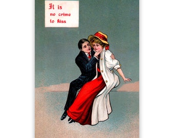 It Is No Crime to Kiss Postcard 4x6" 1900s Style Old Fashioned Romantic Couple Kissing Flat Card Edwardian Love Gift