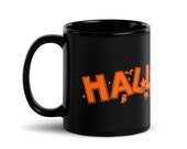 Halloween Mug, Retro Witch Bats Cats Jack-o-Lantern Owl | Scary Spooky Black Glossy Ceramic Mug Witch Flying on Broom