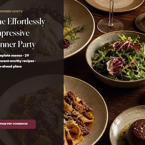 Puede incluir: Un libro de cocina en PDF de 40 páginas titulado The Modern Host's The Effortlessly Impressive Dinner Party, que incluye 6 menús completos, 29 recetas dignas de restaurante y planes de preparación, junto a cuencos de cerámica con ensalada.