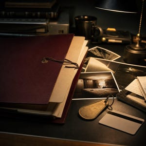 May include: A dark maroon document folder with a string tie closure, several black and white photographs of interior rooms, a brass-colored metal hotel key tag, and a plain white plastic card with a black magnetic stripe on a dark surface.