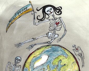 Pace Skeletons Ink Drawing Art Print-  8x10 Print - Contemporary Art - Skeletons Surrounding Earth - Gothic Skeleton Art Print