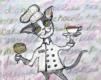 Cookie Kitty - Tuxedo Cat in a Tea Shop - Funny Cat Art Print - Cat Wall Art
