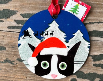 Silent Mylo Tuxedo Cat Ornament - Round Aluminum Holiday Christmas Tree Ornament - Santa Cat Ornament - Cat Mom Gift - Gift for Cat Lover