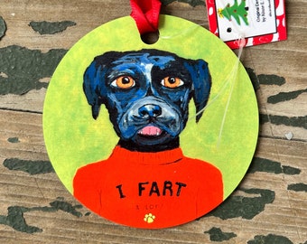 Farting Dog Ornament - Round Aluminum Holiday Christmas Tree Ornament - Funny Black Dog Ornament - Black Labrador Gift - Black Dog Gift