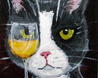 Silent Mylo Tuxedo Cat with White Wine Art Print - Funny Cat Art - Mylo is a Wino - Tuxedo Cat with Wine Art - Cat Gift Idea
