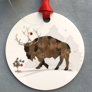 Reindeer Buffalo Ornament - Round Aluminum Holiday Christmas Tree Ornament - Buffalo New York Ornament - Bison Ornament - Buffalo Gift