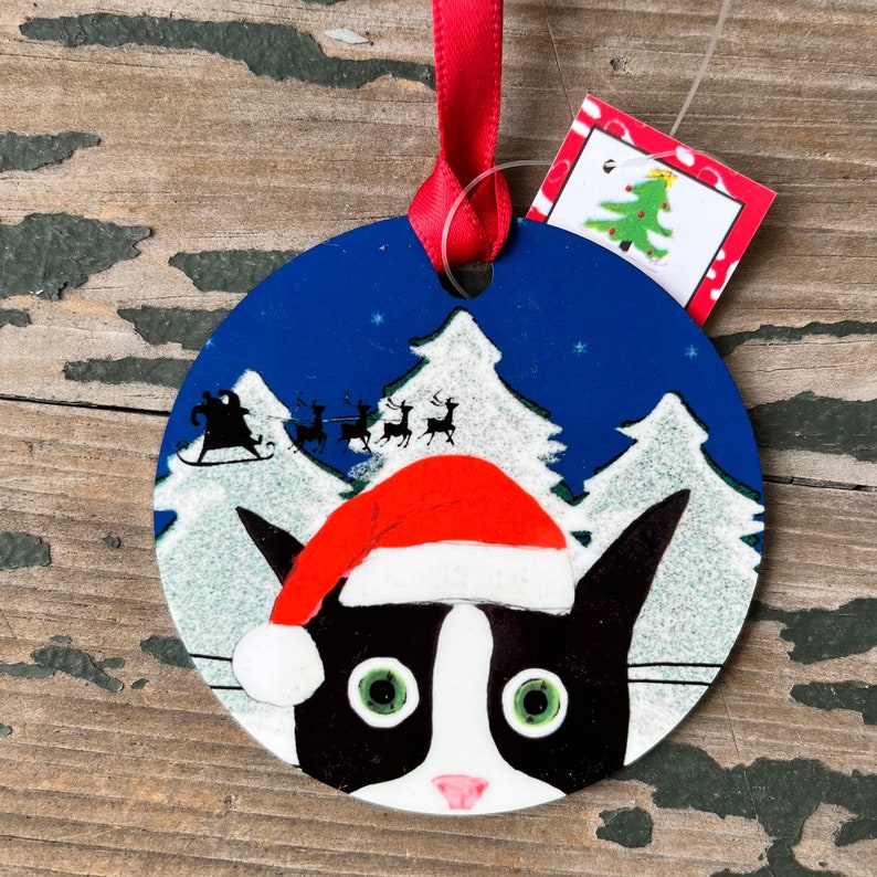 Silent Mylo Tuxedo Cat Ornament Round Aluminum Holiday Christmas Tree Ornament Santa Cat Ornament Cat Mom Gift Gift for Cat Lover image 1