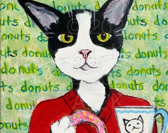 Tuxedo Cat with Coffee and Donuts - 8x10 Print - Funny Cat Art - Crazy Cat Lady Gift - Gift for Cat Lover
