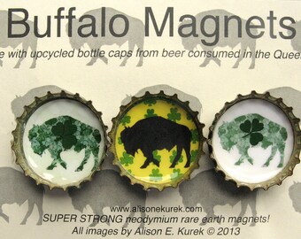 St Patricks Day Buffalo Magnets - Irish Shamrock - Buffalo Bottle Cap Magnets - Packaged Gift Set of 3 - Buffalo NY - Buffalo Gift