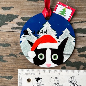 Silent Mylo Tuxedo Cat Ornament Round Aluminum Holiday Christmas Tree Ornament Santa Cat Ornament Cat Mom Gift Gift for Cat Lover image 2