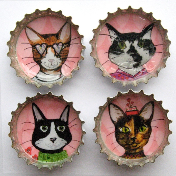 Stocking Stuffer Cat Gift, Cat Magnets, Super Strong Magnets, Cat Magnets, Bottle Caps,  Refrigerator Magnets, Dapper Animals, Pink Magnets