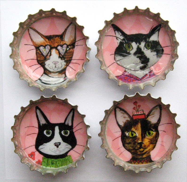 Stocking Stuffer Cat Gift, Cat Magnets, Super Strong Magnets, Cat Magnets, Bottle Caps, Refrigerator Magnets, Dapper Animals, Pink Magnets image 1