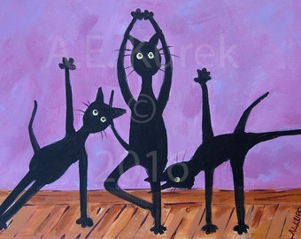 Black Cat Art Print - Yoga Cats in Lavender - Black Cat Print - Yoga Decor - Yoga Art - Yoga Cat - Gift for Cat Mom - Funny Cat Art - 5 x 7