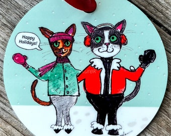 Cute Cat Couple Ornament - First Christmas Married Ornament Round Aluminum Holiday Christmas Ornament - Newlywed Christmas Ornament - cats