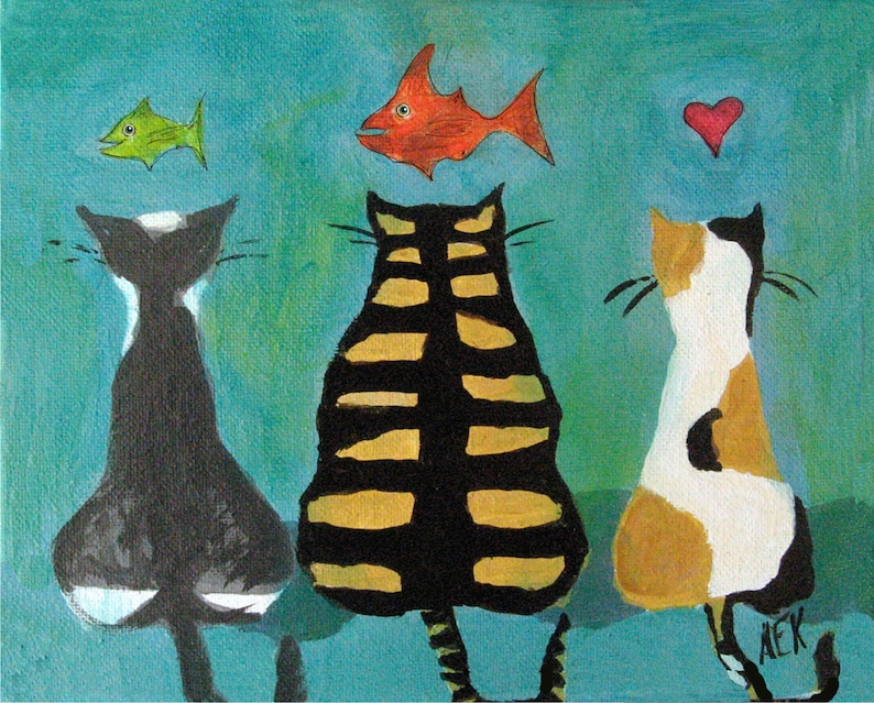 Animal Print Pet Portrait Cat Art Print Cat with Fish 8x10 Print Cat Print Gift for Cat Lover image 1