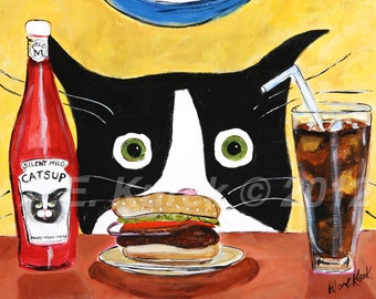 Silent Mylo Tuxedo Cat with Hamburger - Cat Art Print -  Tuxedo Cat Artwork - Funny Tuxedo Cat Wall Art -  Cat Gift  - Gift for Cat Lover