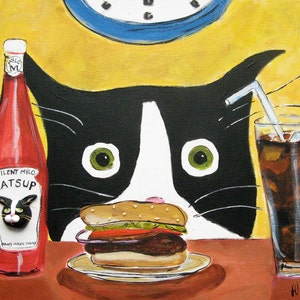 Tuxedo Cat Print Cat with Hamburger Art Print 8x10 Print Silent Mylo Tuxedo Cat Funny Cat Print Gift for Cat Lover image 1