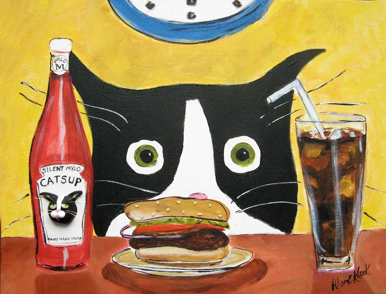 Tuxedo Cat Print Cat with Hamburger Art Print 8x10 Print Silent Mylo Tuxedo Cat Funny Cat Print Gift for Cat Lover image 1