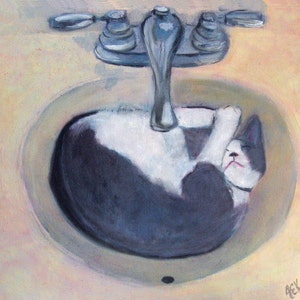 Cat Art Tuxedo Cat in Sink 8x10 PRINT Gift for Cat Lover Tuxedo Cat Wall Art Nursery Wall Art Tuxedo Cat Wall Decor image 1