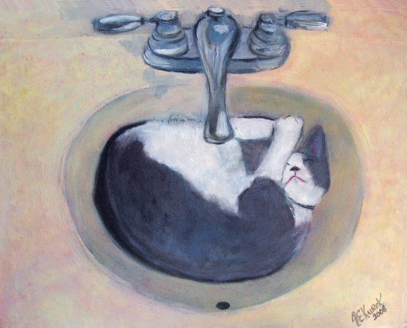 Cat Art Tuxedo Cat in Sink 8x10 PRINT Gift for Cat Lover Tuxedo Cat Wall Art Nursery Wall Art Tuxedo Cat Wall Decor image 1