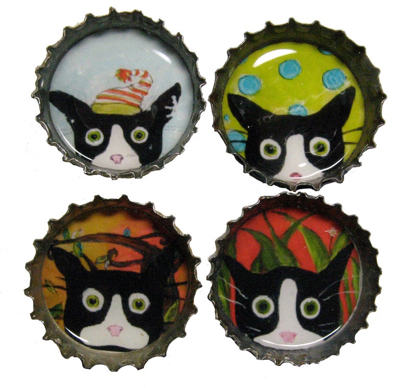 Crazy Cat Magnets Funny Tuxedo Cat Art Bottle Cap Magnets Set of 4 Silent Mylo Tuxedo Cat Gift for Cat Lover Cat Lady Gift image 1