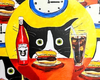 Tuxedo Cat with Hamburger Waterproof Vinyl Sticker Silent Mylo Tuxedo Cat