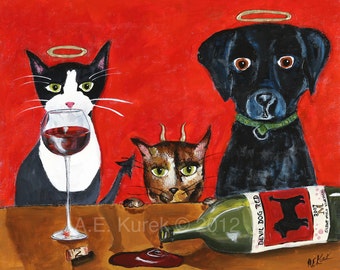 Dog Art - Cat Art - Angels and Devils - 5 x 7  Cat and Dog Art Print - Wine Art - Black Labrador - Silent Mylo Tuxedo Cat - Pet Gift